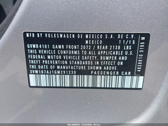 45669223 :رقم المزاد ، 3VW167AJ1GM291230 vin ، 2016 Volkswagen Jetta 1.4t S مزاد بيع