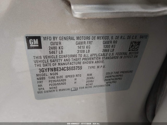 45669227 :رقم المزاد ، 3GYFNBE34CS603759 vin ، 2012 Cadillac Srx Performance Collection مزاد بيع