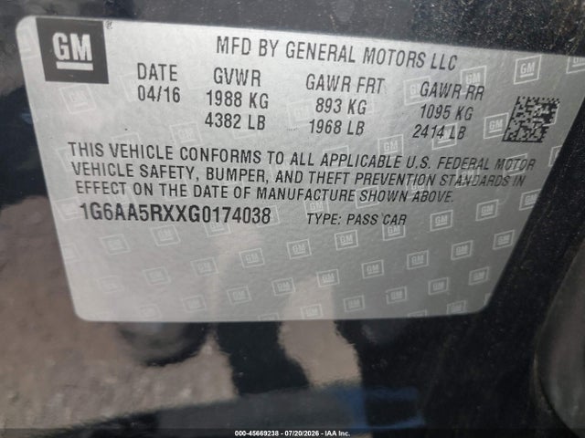 Продаж на аукціоні авто 2016 Cadillac Ats Standard, vin: 1G6AA5RXXG0174038, номер лоту: 45669238