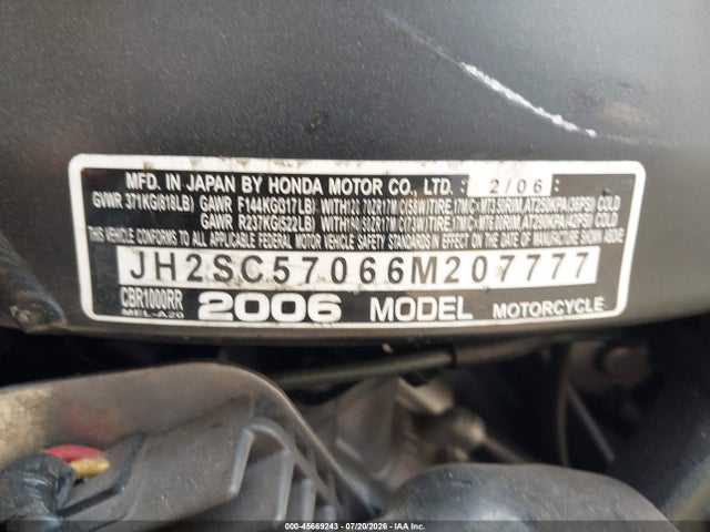 Продажа на аукционе авто 2006 Honda Cbr1000 Rr, vin: JH2SC57066M207777, номер лота: 45669243