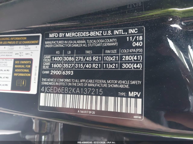 45669245 :رقم المزاد ، 4JGED6EB2KA137215 vin ، 2019 Mercedes-benz Amg Gle 43 Coupe 4matic مزاد بيع