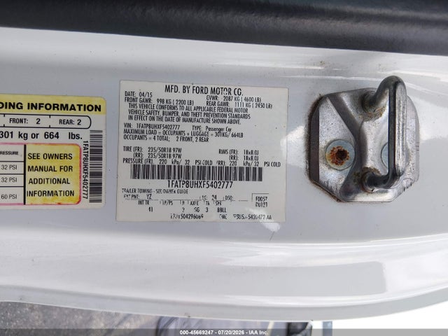 45669247 :رقم المزاد ، 1FATP8UHXF5402777 vin ، 2015 Ford Mustang Ecoboost Premium مزاد بيع