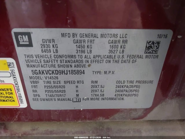 Продаж на аукціоні авто 2017 Buick Enclave Premium, vin: 5GAKVCKD9HJ185894, номер лоту: 45669258