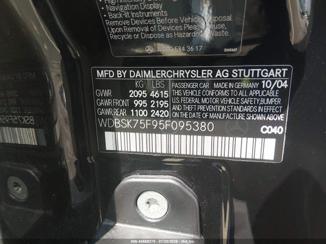 Продаж на аукціоні авто 2005 Mercedes-benz Sl 500, vin: WDBSK75F95F095380, номер лоту: 45669278
