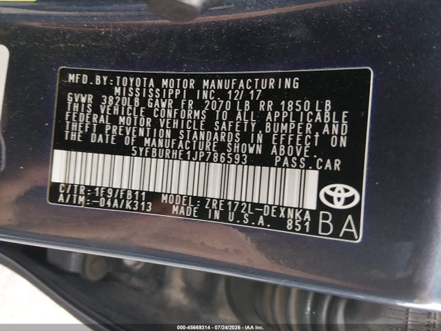 5YFBURHE1JP786593 Toyota COROLLA LE