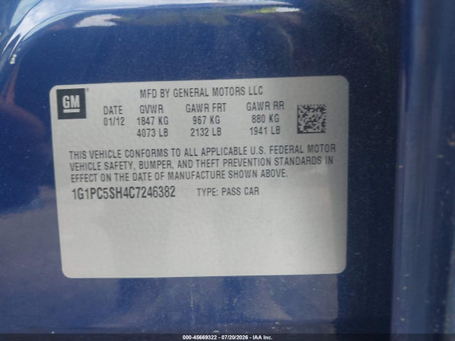 Продажа на аукционе авто 2012 Chevrolet Cruze Ls, vin: 1G1PC5SH4C7246382, номер лота: 45669322