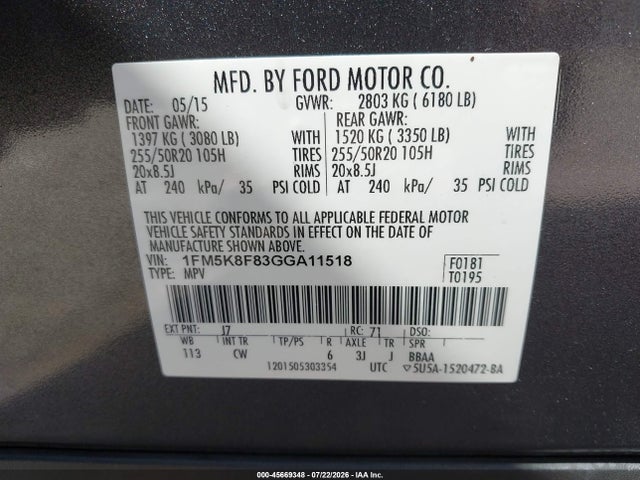 Продажа на аукционе авто 2016 Ford Explorer Limited, vin: 1FM5K8F83GGA11518, номер лота: 45669348