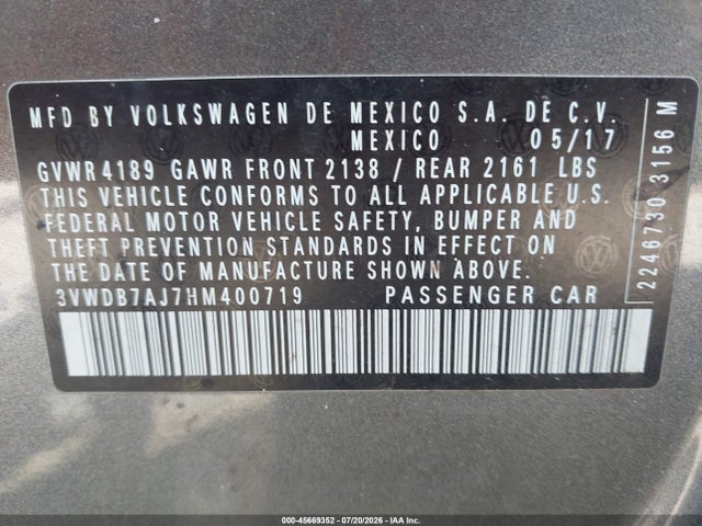 45669352 :رقم المزاد ، 3VWDB7AJ7HM400719 vin ، 2017 Volkswagen Jetta 1.4t Se مزاد بيع