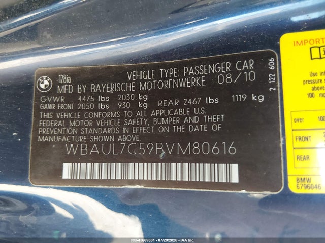 Aukcja sprzedaży 2011 Bmw 128i, vin: WBAUL7C59BVM80616, numer aukcji: 45669361
