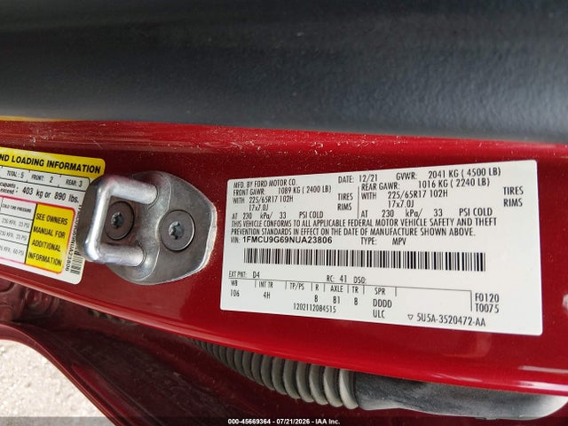 45669364 :رقم المزاد ، 1FMCU9G69NUA23806 vin ، 2022 Ford Escape Se مزاد بيع