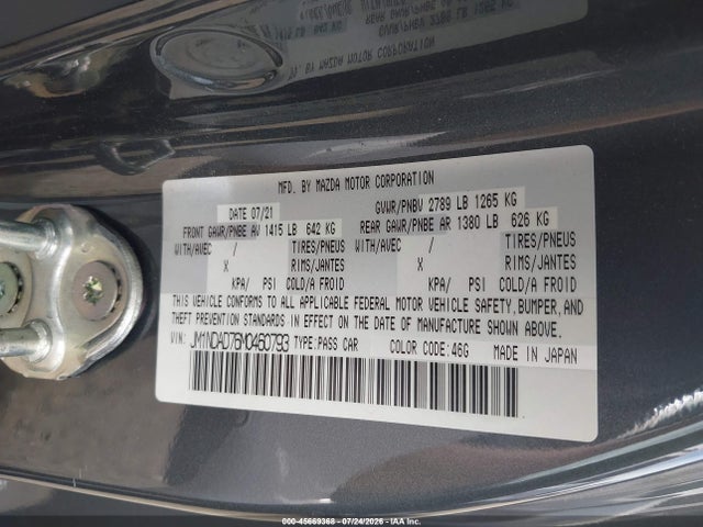 Aukcja sprzedaży 2021 Mazda Mx-5 Miata Grand Touring, vin: JM1NDAD76M0460793, numer aukcji: 45669368