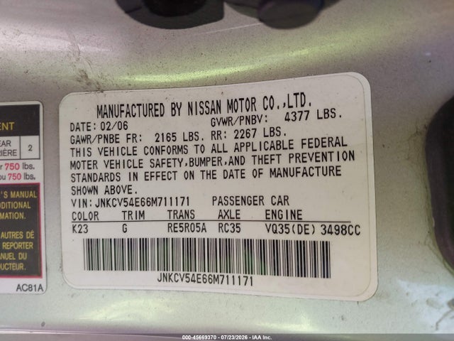 Aukcja sprzedaży 2006 Infiniti G35, vin: JNKCV54E66M711171, numer aukcji: 45669370