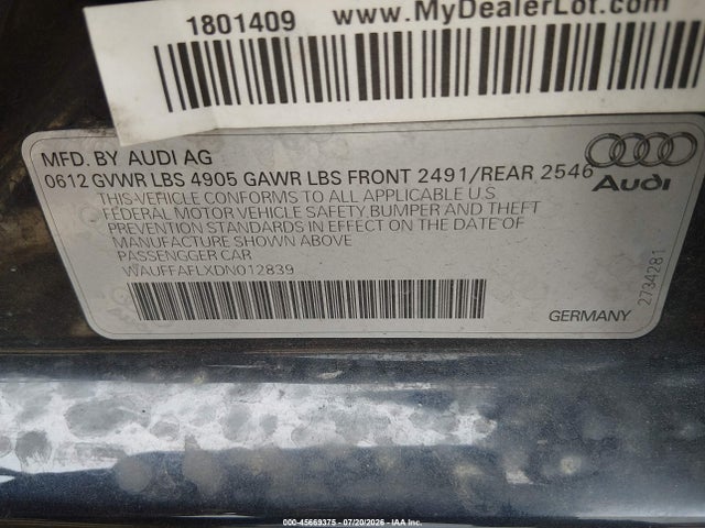 45669375 :رقم المزاد ، WAUFFAFLXDN012839 vin ، 2013 Audi A4 2.0t Premium مزاد بيع