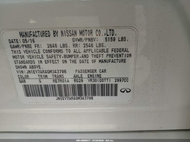 45669377 :رقم المزاد ، JN1EV7AR4GM343798 vin ، 2016 Infiniti Q50 3.0t Premium مزاد بيع