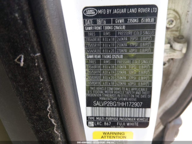 45669402 :رقم المزاد ، SALVP2BG1HH172907 vin ، 2017 Land Rover Range Rover Evoque Se/se Premium مزاد بيع