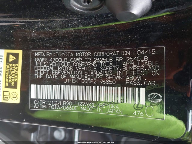 45669416 :رقم المزاد ، JTHBK1GG5F2196850 vin ، 2015 Lexus Es 350 مزاد بيع