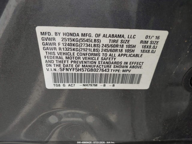 Honda Pilot Ex-l 2016 5FNYF5H57GB027643 Image 9