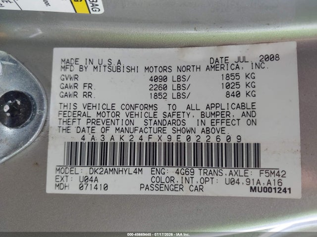 45669445 :رقم المزاد ، 4A3AK24FX9E022609 vin ، 2009 Mitsubishi Eclipse Gs مزاد بيع