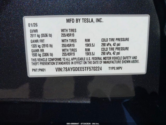 Aukcja sprzedaży 2026 Tesla Model Y All-wheel Drive/long Range Launch Series/premium All-wheel Drive, vin: 7SAYGDEE5TF570224, numer aukcji: 45669447