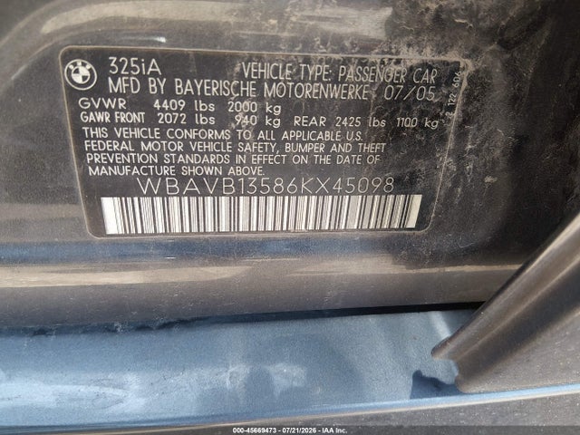 Продаж на аукціоні авто 2006 Bmw 325i, vin: WBAVB13586KX45098, номер лоту: 45669473