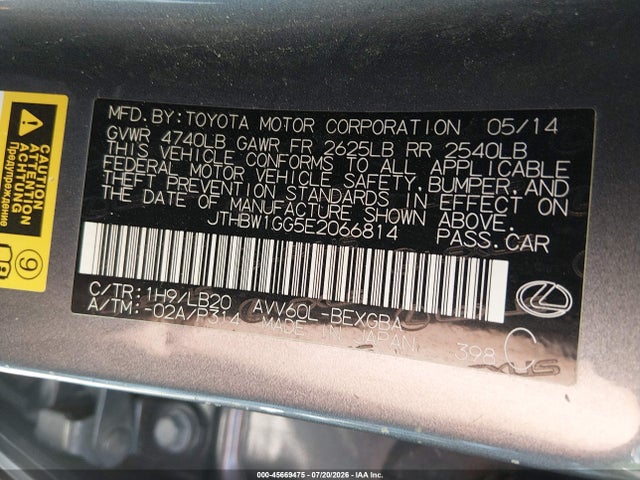 45669475 :رقم المزاد ، JTHBW1GG5E2066814 vin ، 2014 Lexus Es 300h مزاد بيع