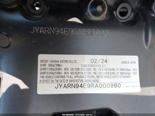 Продажа на аукционе авто 2024 Yamaha Mt09, vin: JYARN94E9RA000990, номер лота: 45669488