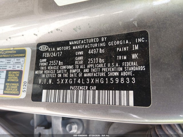 Aukcja sprzedaży 2017 Kia Optima Lx, vin: 5XXGT4L3XHG159833, numer aukcji: 45669495