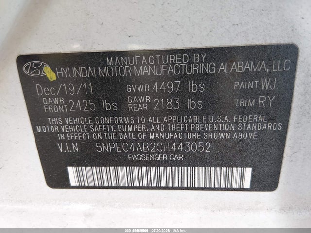 Продаж на аукціоні авто 2012 Hyundai Sonata Limited 2.0t, vin: 5NPEC4AB2CH443052, номер лоту: 45669509