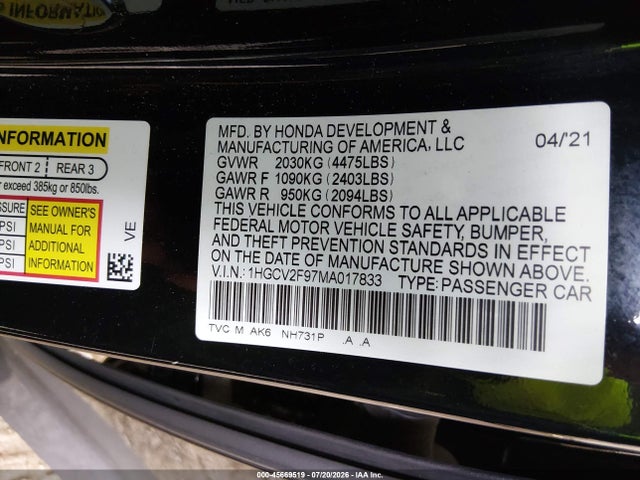 1HGCV2F97MA017833 Honda Accord Touring