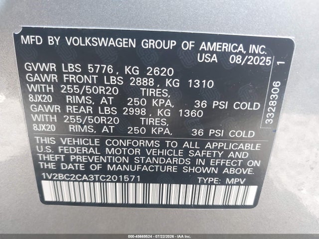Aukcja sprzedaży 2026 Volkswagen Atlas Cross Sport Sel, vin: 1V2BC2CA3TC201571, numer aukcji: 45669524