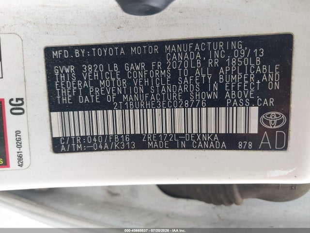 2T1BURHE3EC028776 Toyota COROLLA LE