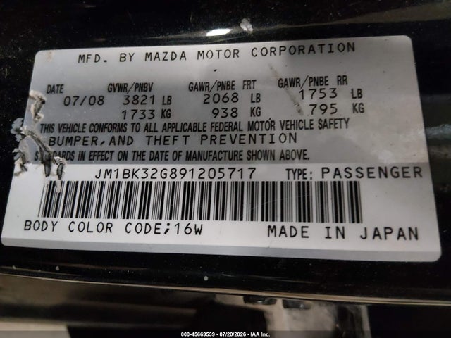 Aukcja sprzedaży 2009 Mazda Mazda3 I, vin: JM1BK32G891205717, numer aukcji: 45669539