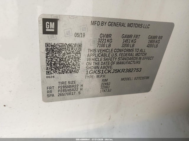 Продаж на аукціоні авто 2019 Gmc Yukon Denali, vin: 1GKS1CKJ5KR382753, номер лоту: 45669541