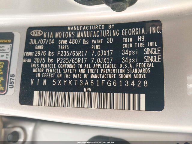 45669549 :رقم المزاد ، 5XYKT3A61FG613428 vin ، 2015 Kia Sorento Lx مزاد بيع
