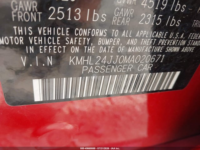 45669569 :رقم المزاد ، KMHL24JJ0MA020671 vin ، 2021 Hyundai Sonata Blue مزاد بيع