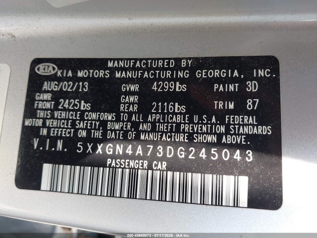 2013 Kia Optima Ex მანქანა იყიდება აუქციონზე, vin: 5XXGN4A73DG245043, აუქციონის ნომერი: 45669573