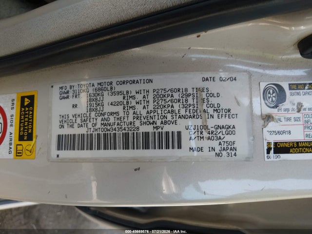 Aukcja sprzedaży 2004 Lexus Lx 470, vin: JTJHT00W343543228, numer aukcji: 45669576