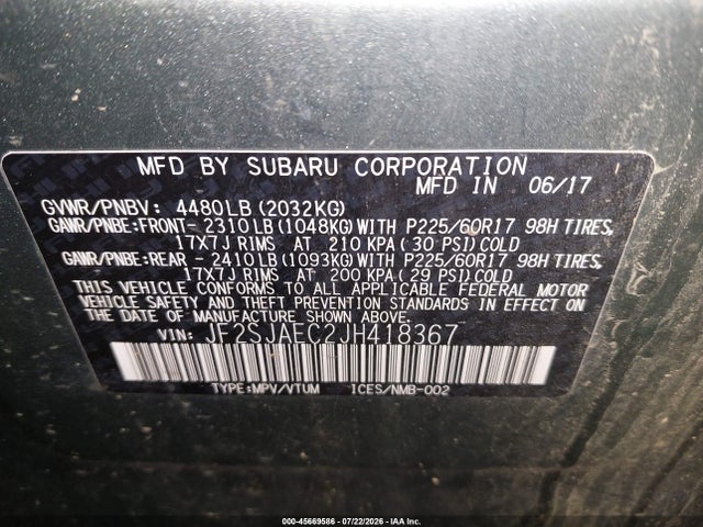 Продажа на аукционе авто 2018 Subaru Forester 2.5i Premium, vin: JF2SJAEC2JH418367, номер лота: 45669586