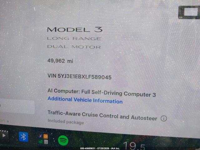 Продажа на аукционе авто 2020 Tesla Model 3 Long Range Dual Motor All-wheel Drive, vin: 5YJ3E1EBXLF589045, номер лота: 45669631