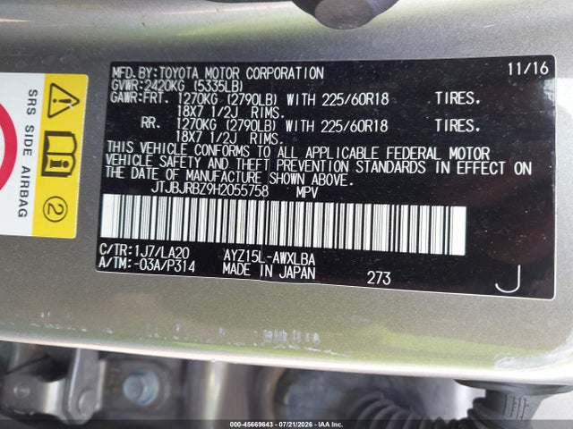 45669643 :رقم المزاد ، JTJBJRBZ9H2055758 vin ، 2017 Lexus Nx 300h مزاد بيع