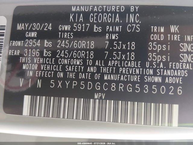 45669645 :رقم المزاد ، 5XYP5DGC8RG535026 vin ، 2024 Kia Telluride Sx Prestige X-pro مزاد بيع