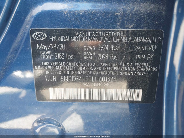 Auction sale of the 2020 Hyundai Elantra Se, vin: 5NPD74LF0LH601324, lot number: 45669658