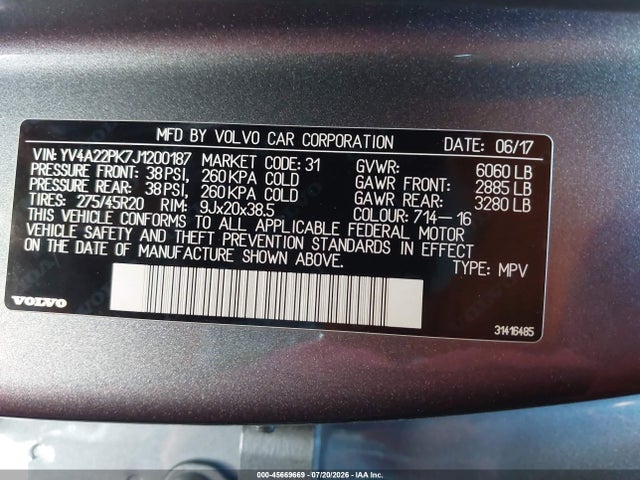 45669669 :رقم المزاد ، YV4A22PK7J1200187 vin ، 2018 Volvo Xc90 T6 Momentum مزاد بيع