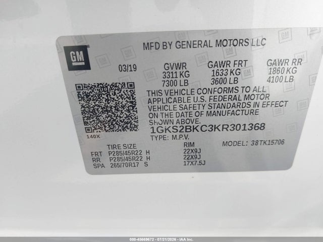 Продаж на аукціоні авто 2019 Gmc Yukon Slt, vin: 1GKS2BKC3KR301368, номер лоту: 45669672