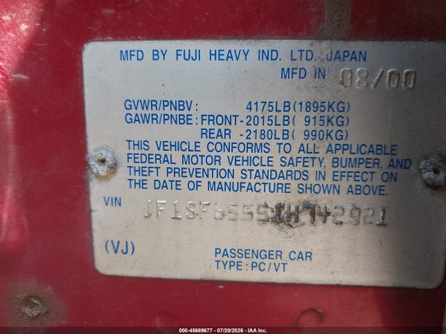 45669677 :رقم المزاد ، JF1SF65551H742921 vin ، 2001 Subaru Forester S مزاد بيع