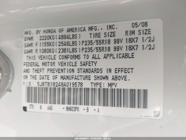 Aukcja sprzedaży 2008 Acura Rdx, vin: 5J8TB18248A019578, numer aukcji: 45669678