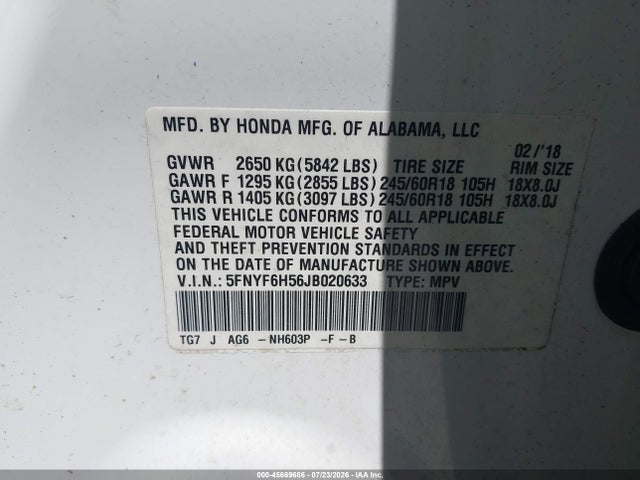 45669686 :رقم المزاد ، 5FNYF6H56JB020633 vin ، 2018 Honda Pilot Ex-l مزاد بيع