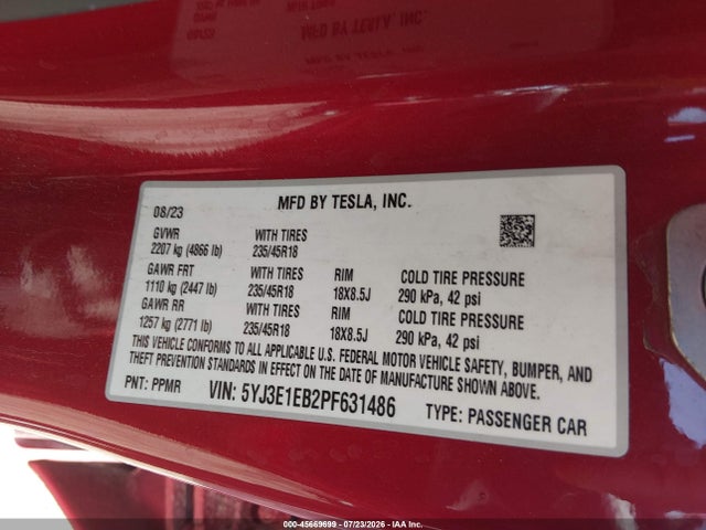 45669699 :رقم المزاد ، 5YJ3E1EB2PF631486 vin ، 2023 Tesla Model 3 Long Range Dual Motor All-wheel Drive مزاد بيع