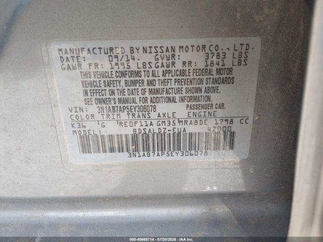45669714 :رقم المزاد ، 3N1AB7AP5EY306078 vin ، 2014 Nissan Sentra Sv مزاد بيع