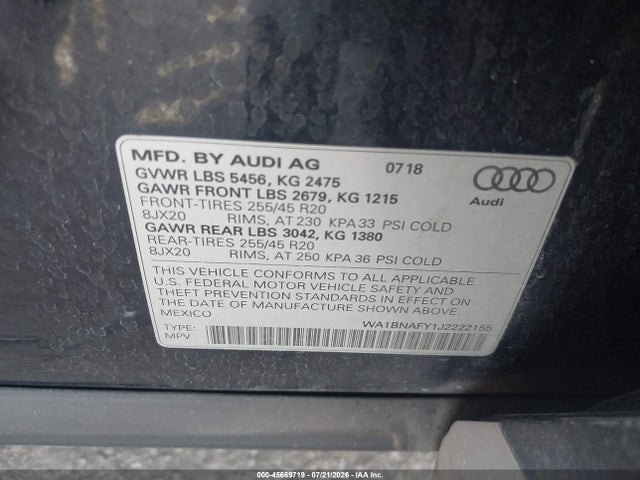2018 Audi Q5 2.0t Premium/2.0t Tech Premium მანქანა იყიდება აუქციონზე, vin: WA1BNAFY1J2222155, აუქციონის ნომერი: 45669719